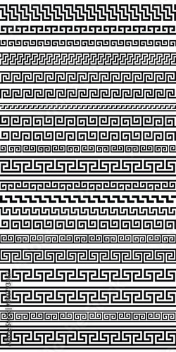 Large set of ethnic borders, ancient Greek and Mongolian meander vector ornament, seamless border, black on white background, vector design