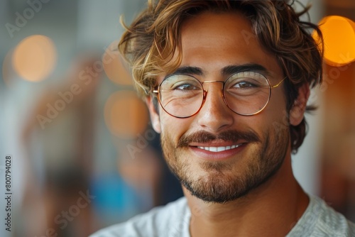 Portrait of handsome young man with eyeglasses in a cafe