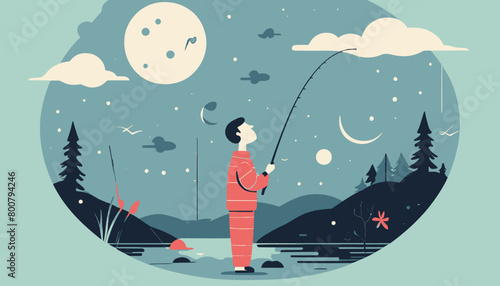 A Surreal Fishing Adventure: Man in Pajamas Catches Full Moon