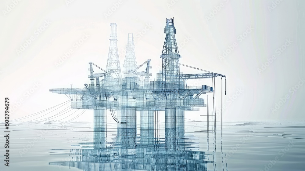 A wire-frame style vector rendering in 3D portrays the concept of an offshore oil rig drilling platform, with layers of visible and invisible lines separated.