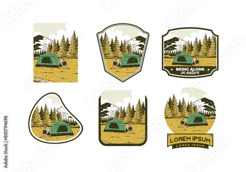 Camping alone in nature. Vintage outdoor illustration badge design