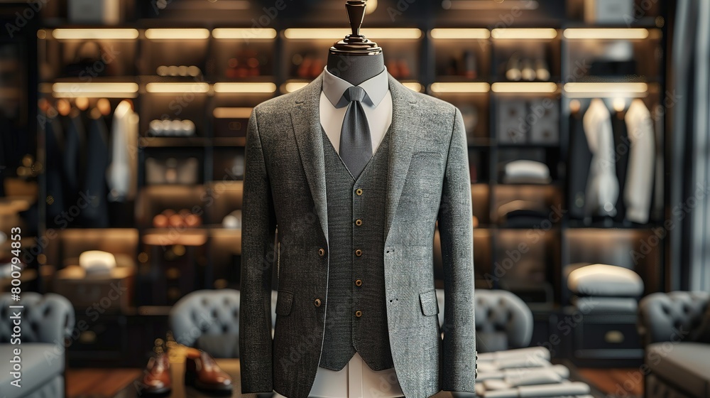 Fototapeta premium A distinguished tweed suit jacket and waistcoat, complete with a sleek tie, is prominently displayed on a mannequin in an exclusive men's fashion boutique.