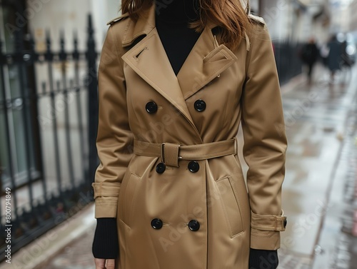 Trench coat mockup, A close-up of a stylish woman wearing a camel trench coat, cinched at the waist with a belt, perfect for a fashionable city walk on a rainy day. photo