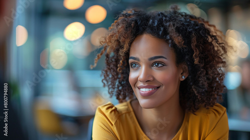 A beautiful African-American girl at a meeting in an office or cafe, looks at the interlocutor with interest photo