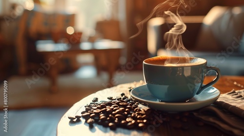 A mug of coffee resting on a tabletop in the morning.