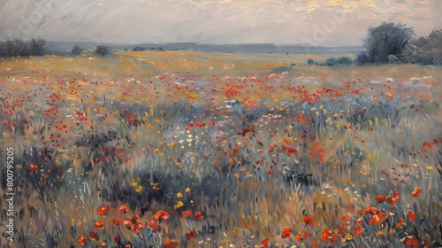 impasto oil painting of farmhouse vintage landscape red poppy wildflower  field  wall art, digital art print, HD background, wallpaper, banner