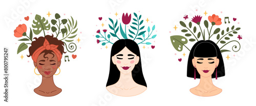 Smiling afro American, Latin, Asian woman accepts, loves herself. Mental health concept. Girl feels relaxed, confident. Flowers grow from woman head. Happiness, harmony, positive thinking, self care.