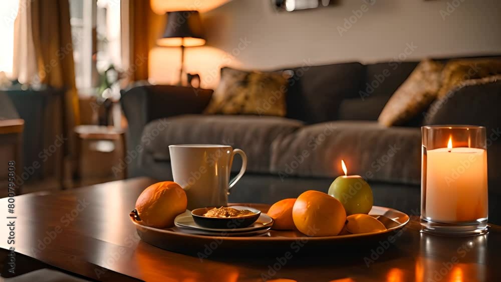 Table With Plate of Fruit and Candle Generative AI Table With Plate of Fruit and Candle Generative AI