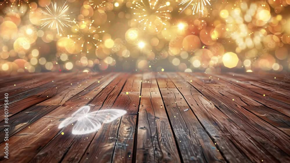 wood floor with beautiful fireworks and bokeh glitter. seamless looping overlay 4k virtual video animation background wood floor with beautiful fireworks and bokeh glitter. seamless looping overlay 4k virtual video animation background
