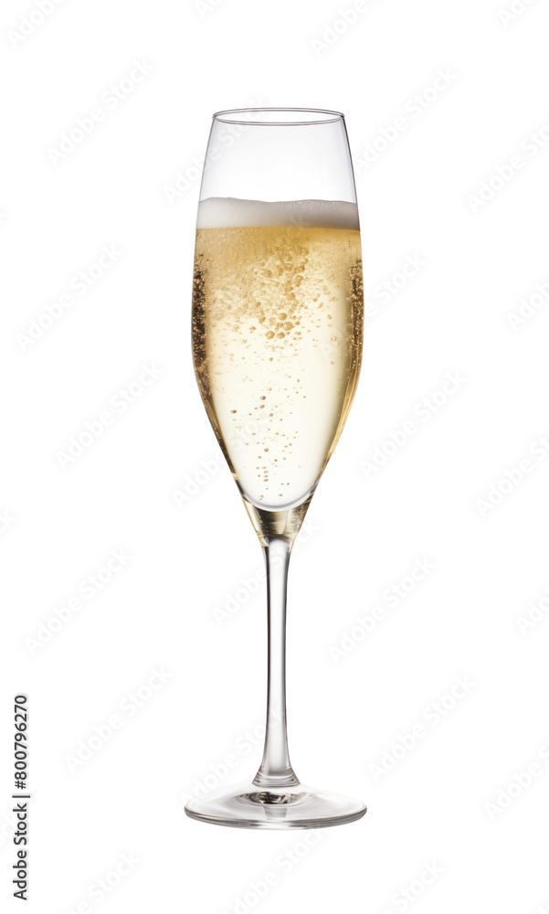 A flute glass filled with sparkling champagne, showing fine bubbles and golden color, set against a clean white backdrop. Generative AI