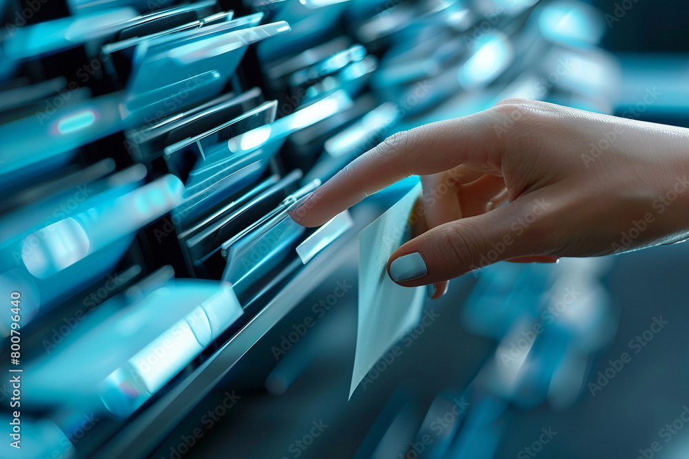 Hand touching document on visual storage folder on computer screen in document management concept. Hand touching document on visual storage folder on computer screen in document management concept.