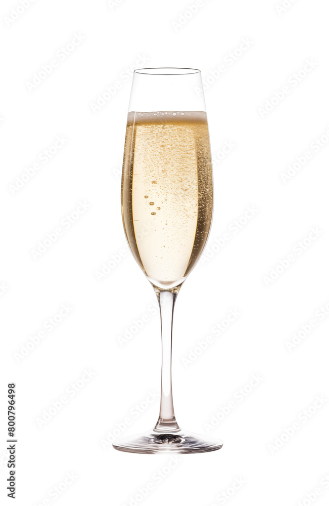 A flute glass filled with sparkling champagne, showing fine bubbles and golden color, set against a clean white backdrop. Generative AI A flute glass filled with sparkling champagne, showing fine bubbles and golden color, set against a clean white backdrop. Generative AI