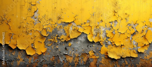 Close-up view of peeling yellow paint on a weathered wall surface revealing the layers beneath