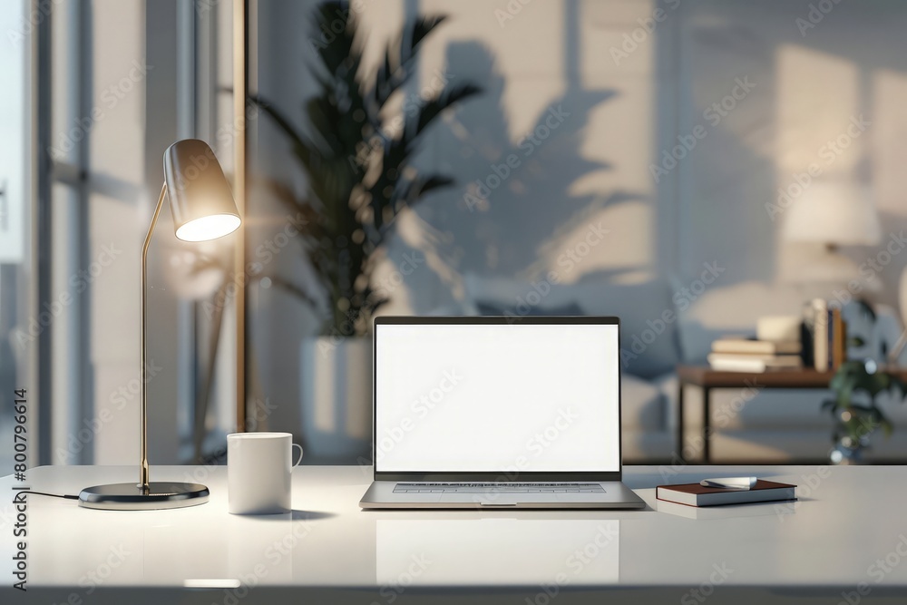 Workspace with a white-screen laptop mockup, a table lamp, and accessories on a white tabletop in a modern white lobby or reception room. 3d render, 3d illustration Workspace with a white-screen laptop mockup, a table lamp, and accessories on a white tabletop in a modern white lobby or reception room. 3d render, 3d illustration
