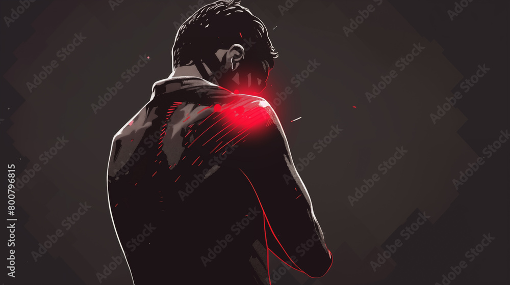 silhouette of a person with a red marker on his shoulder indicating pain and injury