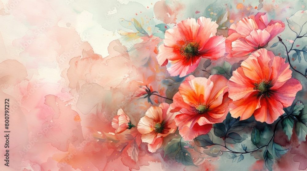 Bright summer watercolor flowers on an abstract background.