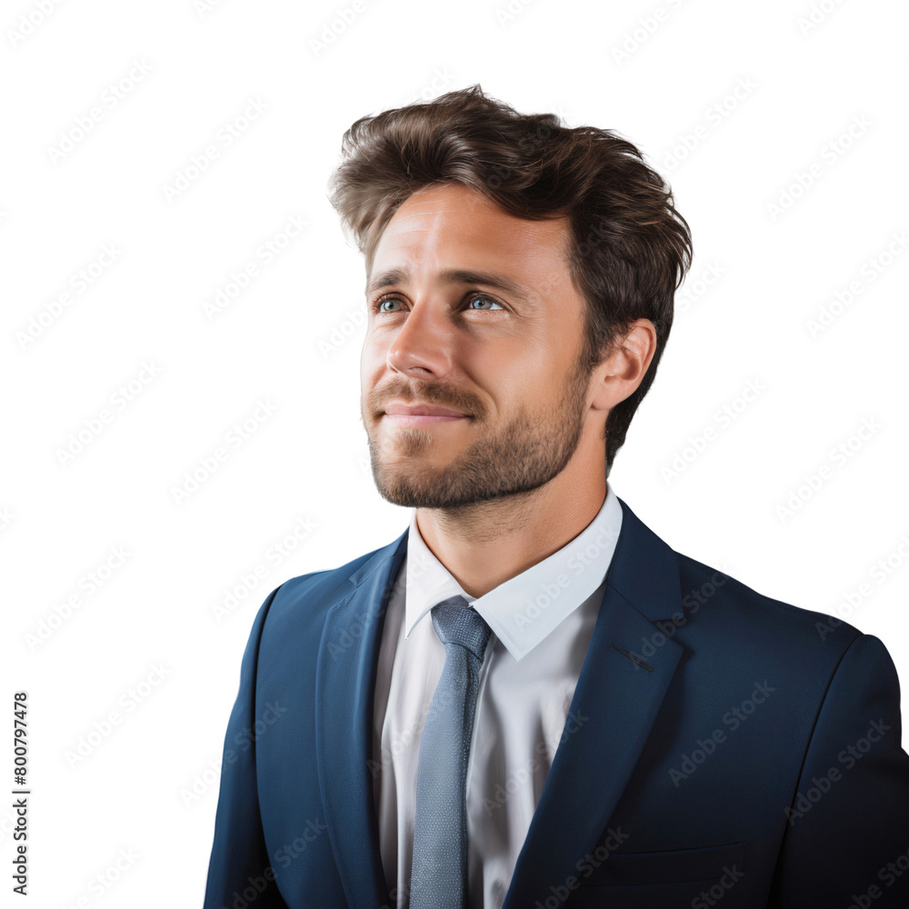 Portrait of a smiling businessman thinking and looking up, isolated on transparent background Portrait of a smiling businessman thinking and looking up, isolated on transparent background