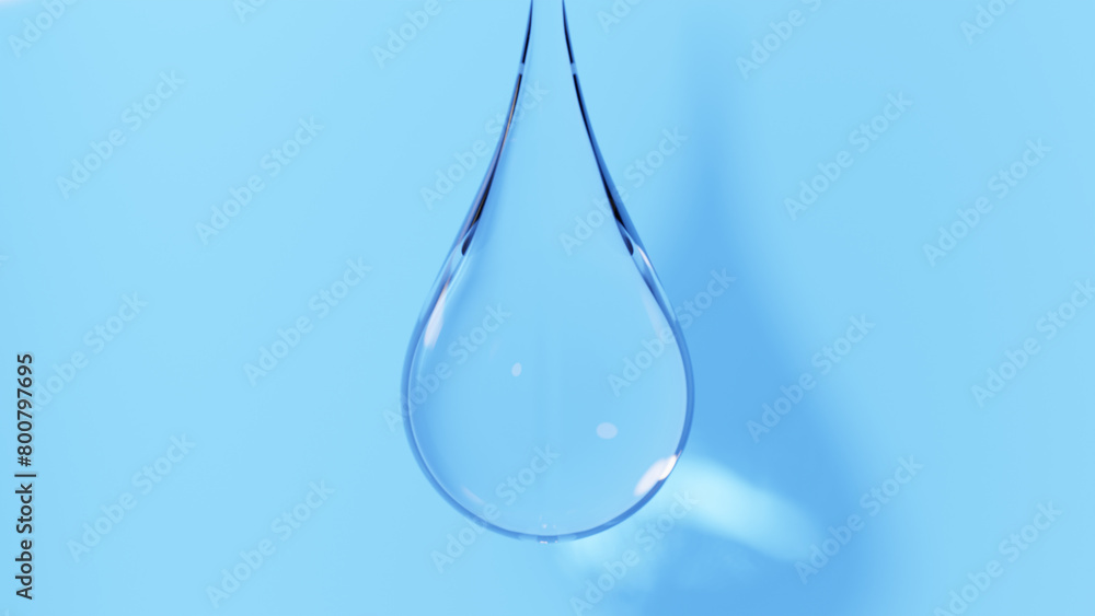 青色背景に透明な水滴。気泡なし。3d。（横長）