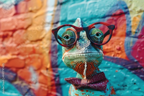 A vibrant image featuring a chameleon wearing colorful sunglasses, set against a vivid graffiti wall.