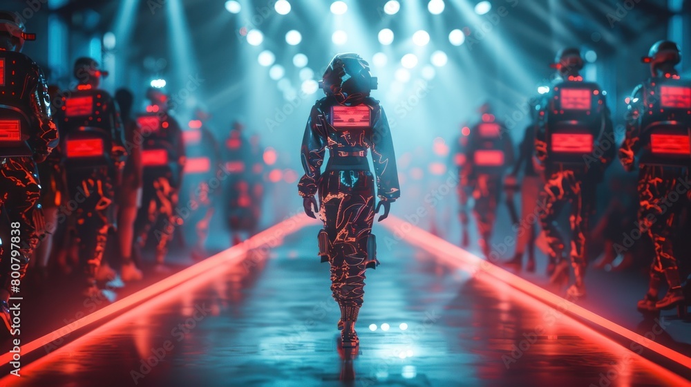 Obraz premium A scene from a science fiction inspired show, where a solitary robot walks the catwalk, illuminated by dramatic lighting.