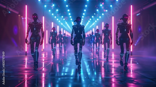 A scene from a science fiction inspired show, where a solitary robot walks the catwalk, illuminated by dramatic lighting.