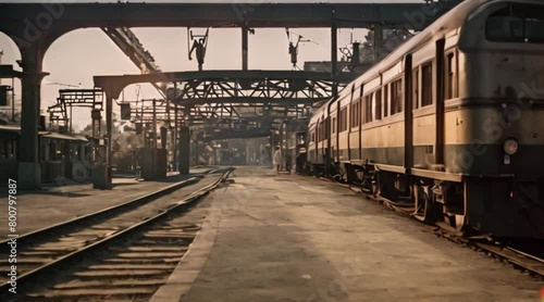 Vintage Illustration of Old Train in Deserted Station