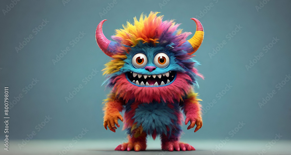 Fototapeta premium Colorful cartoon character furry monster in a blue background ai generative