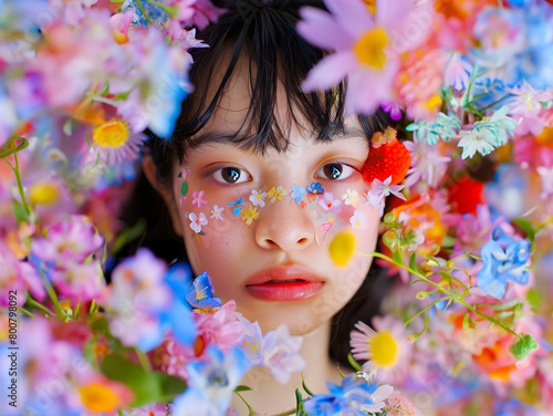 花に囲まれた鮮やかな眼差しのアジア人女性