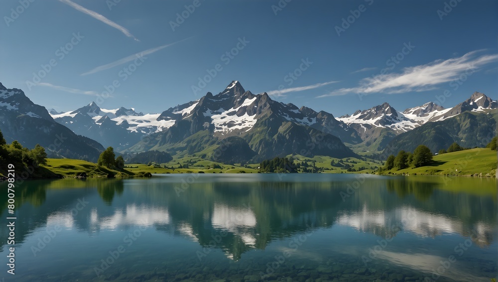 Swiss mountains landscape with snowy peaks rising against a clear blue sky, verdant valleys stretching below, and a tranquil lake reflecting the scenery ai_generated
