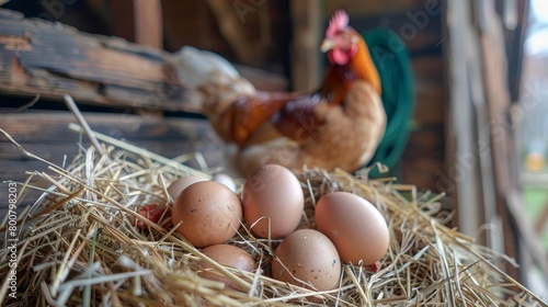 Chicken eggs are nestled in a hay nest, with a hen standing in the background, creating a rustic and natural scene reminiscent of farm life.