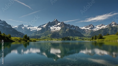 Swiss mountains landscape with snowy peaks rising against a clear blue sky, verdant valleys stretching below, and a tranquil lake reflecting the scenery ai_generated © Haroon
