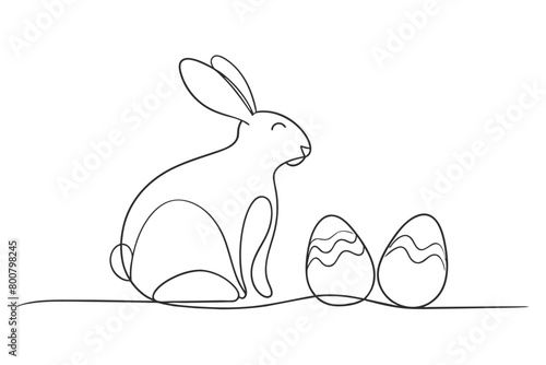 One continuous line drawing of Easter eggs and rabbit. Greeting banner design with bunny and ears in simple linear style. Editable stroke. Doodle vector photo