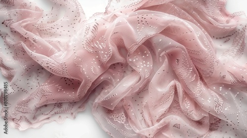 Blank mockup of a delicate lace scarf in a soft pink shade. .