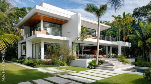 Modern 2-storey white minimalist style house. Property real estate business background. © Khoirul
