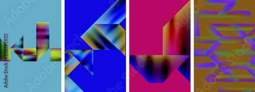 A vibrant collage featuring colorfulness with purple, violet, magenta tones in artful designs of rectangles and triangles, all centered around the letter n