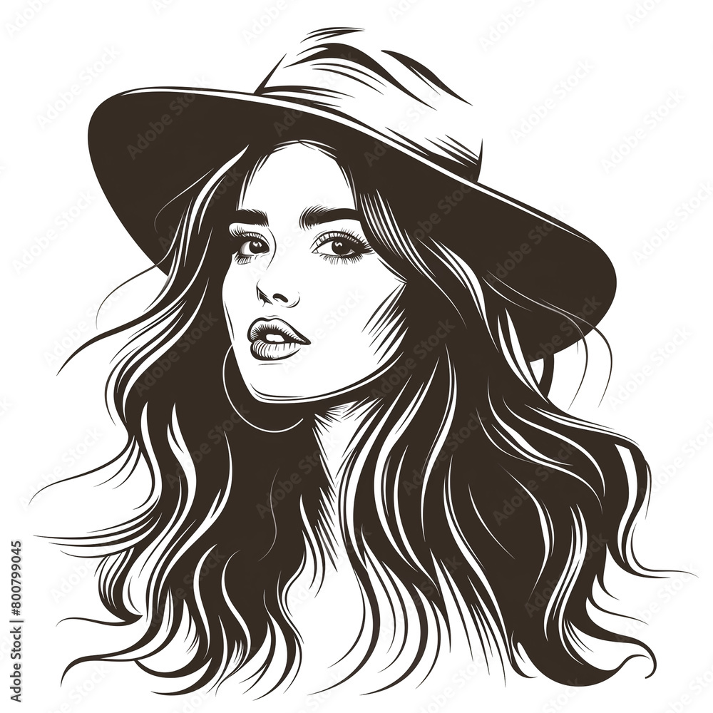 a black and white drawing of a woman wearing a hat a black and white drawing of a woman wearing a hat