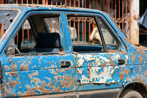 Close up of an old blue car with rust and peeling paint