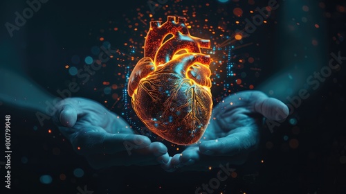 A human heart floating in the palm of two hands, illuminated by medical science holograms, hope and healing for those with cardiovascular issues concept.