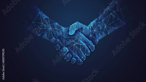 Depicted against a dark blue background, a low poly wireframe illustrates a business handshake, symbolizing partnership success and cooperation in the business world.