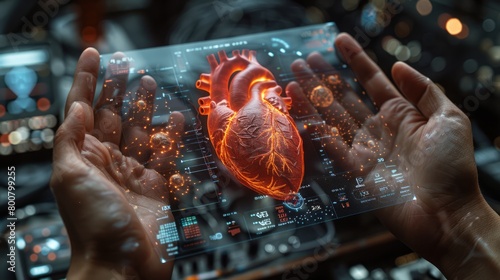 A human heart floating in the palm of two hands, illuminated by medical science holograms, hope and healing for those with cardiovascular issues concept. photo
