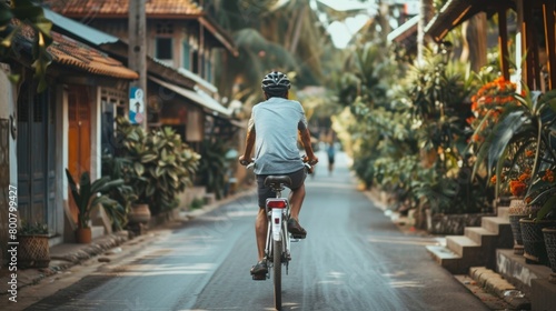 A traveler riding through a quaint village on a bicycle fully immersing themselves in the local culture during a sober travel experience.