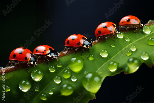 Group of ladybugs on a green branch after rain  water droplets visible  soft focus on the natural environment around
