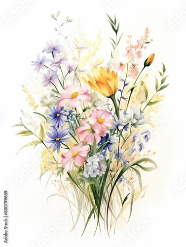 Vintage inspired watercolor painting of wildflowers  soft pastels with detailed petals and leaves  elegant composition