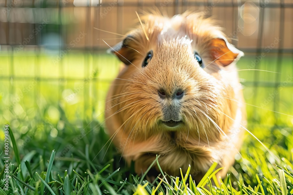 An outdoor photo of a guinea pig in a secure playpen on the grass, with natural sunlight highlighting its unique fur patterns and curious expressions An outdoor photo of a guinea pig in a secure playpen on the grass, with natural sunlight highlighting its unique fur patterns and curious expressions