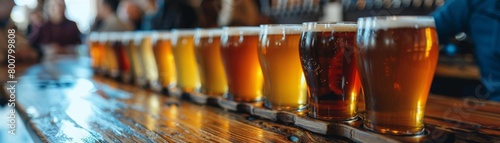 An informative scene at a beer tasting event where a guide is explaining the distinct characteristics of different pale ales, with a flight of beers in front of an eager audience photo
