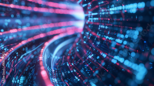 Fototapeta Naklejka Na Ścianę i Meble -  3d wire cable tunnel with digital binary data transmitting.Glowing data cables transferring information. futuristic, Technology, machine learning, big data, virtualization