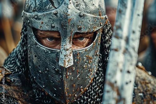 An intense closeup of a warriors face during a medieval sword fight, capturing the determination and focus required in handtohand combat