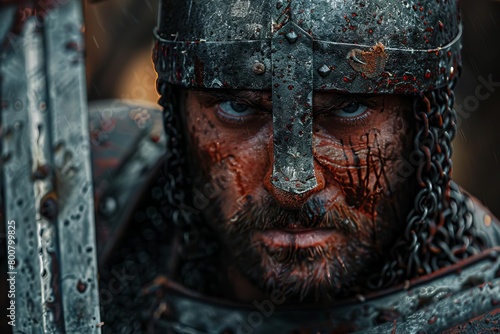 An intense closeup of a warriors face during a medieval sword fight, capturing the determination and focus required in handtohand combat
