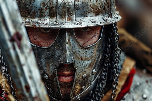 An intense closeup of a warriors face during a medieval sword fight, capturing the determination and focus required in handtohand combat