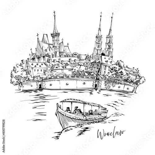 Vector sketch of Cathedral Island, Cathedral and church of Holy Cross in Wroclaw, Poland